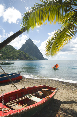 soufriere st. lucia twin piton mountain peaks with fishing boat