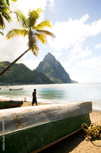 soufriere st. lucia twin piton mountain peaks with fishing boat