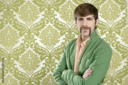 eccentric retro mustache geek man salesperson
