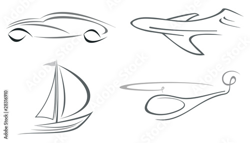 Airplane, helicopter, car and yacht