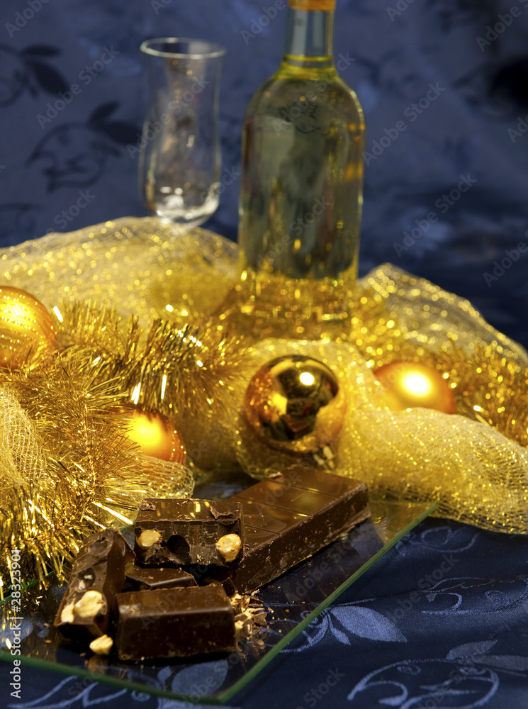 Nougat chocolate with Christmas decorations Nougat chocolate with Christmas decorations