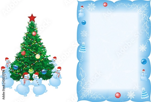 christmas fir with dancing snowmen and blue frame