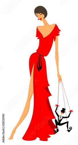 Charming lady in a red dress with a marionette