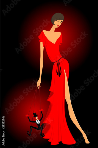 Charming lady in a red dress with a marionette