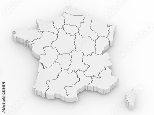 Three-dimensional map of France on white isolated background