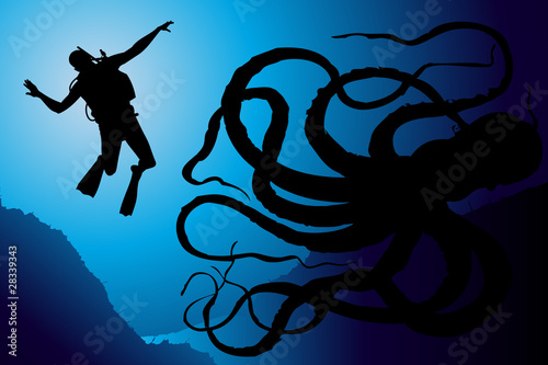 Scuba diving vector background with octopus monster