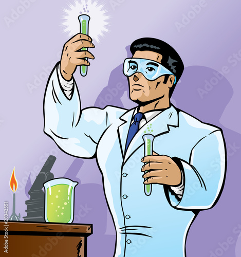 Scientist mixing chemicals in a bold way.