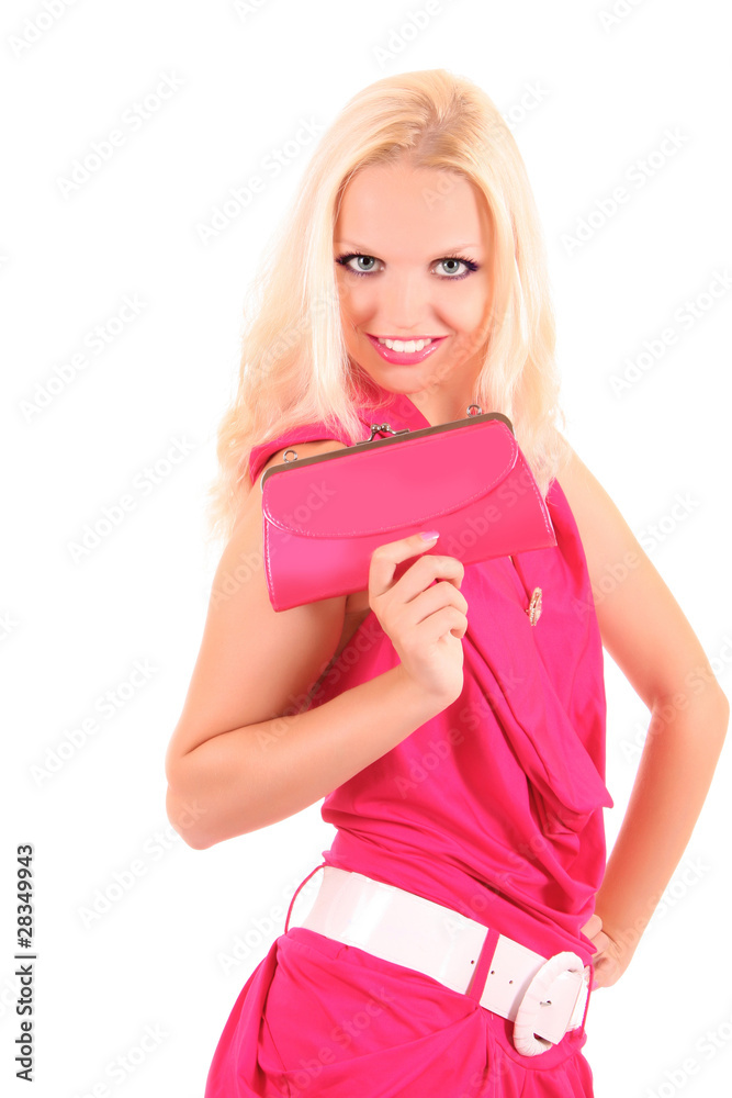 Beautiful blond girl in pink dress on white Beautiful blond girl in pink dress on white