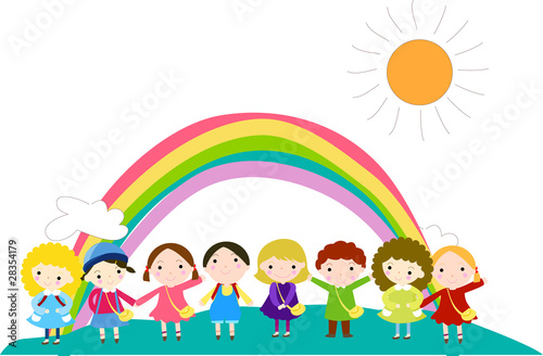 cartoon children and rainbow