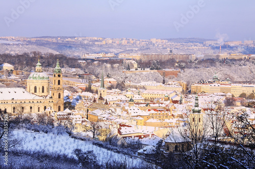 View on Snowy Prague, beautiful medieval city of Czech republic