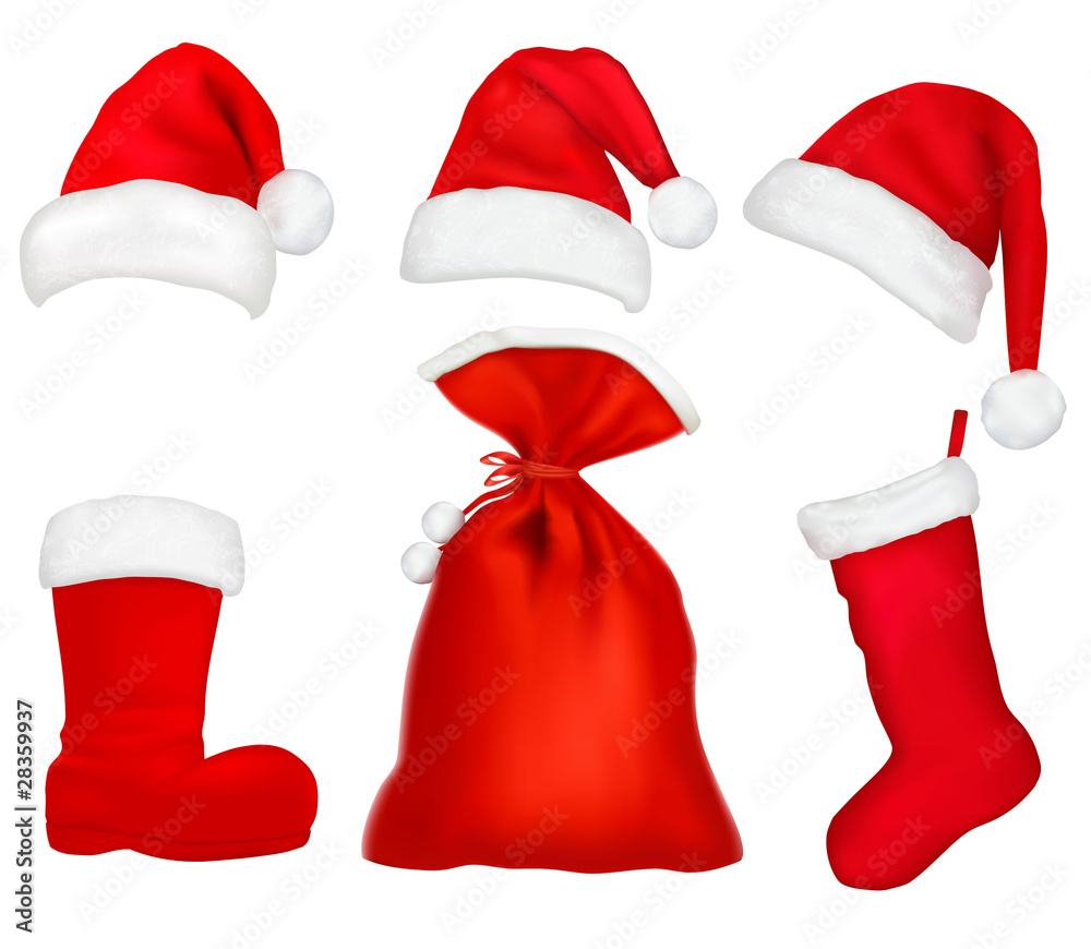 Three red Santa hats. Christmas stocking and boot. Vector. Three red Santa hats. Christmas stocking and boot. Vector.
