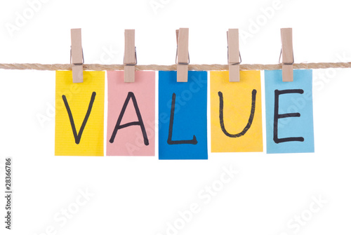 Value, Colorful words hang on rope by wooden peg