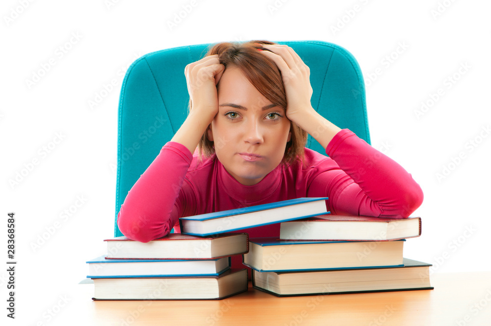 Young female student with many study books Young female student with many study books