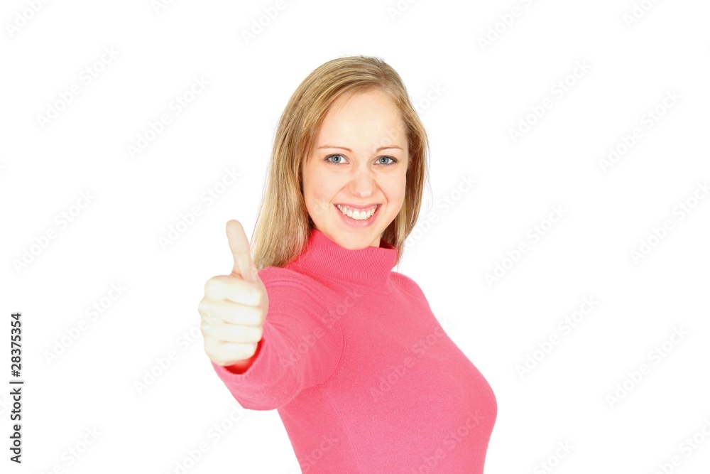 Beautiful girl in pink giving thumbs up Beautiful girl in pink giving thumbs up