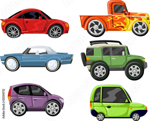 Set of six colorful cartoon cars