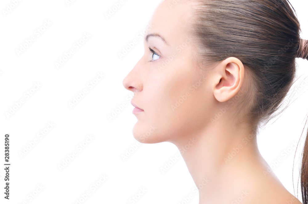happy beautiful young woman is looking sideways isolated on whit happy beautiful young woman is looking sideways isolated on whit