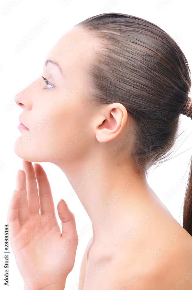 beautiful woman is touching her face, isolated on white beautiful woman is touching her face, isolated on white