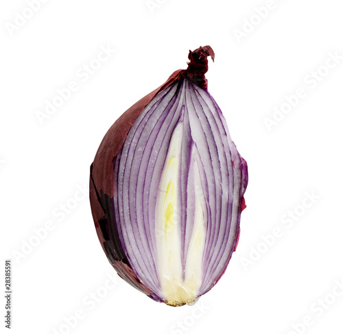 half of a fresh red onion on a white background