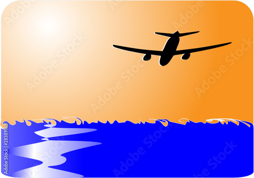 airliner flying over water to sun