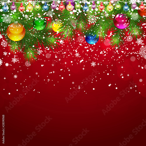 Christmas background with snow-covered branches of Christmas tre
