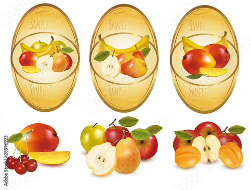 Three labels with different sorts of fruit. Vector.