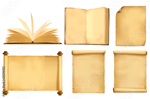Set of old paper sheets and book. Vector.