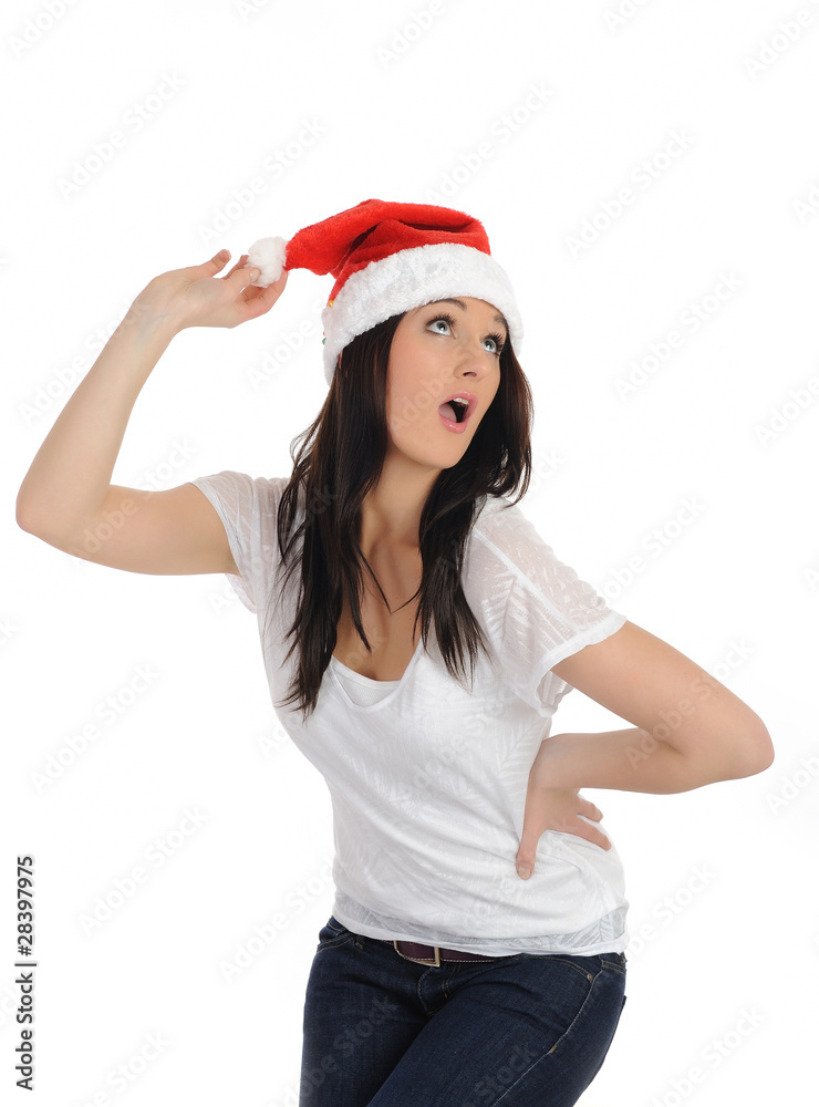 Funny pretty casual santa claus woman with red christmas hat. is Funny pretty casual santa claus woman with red christmas hat. is