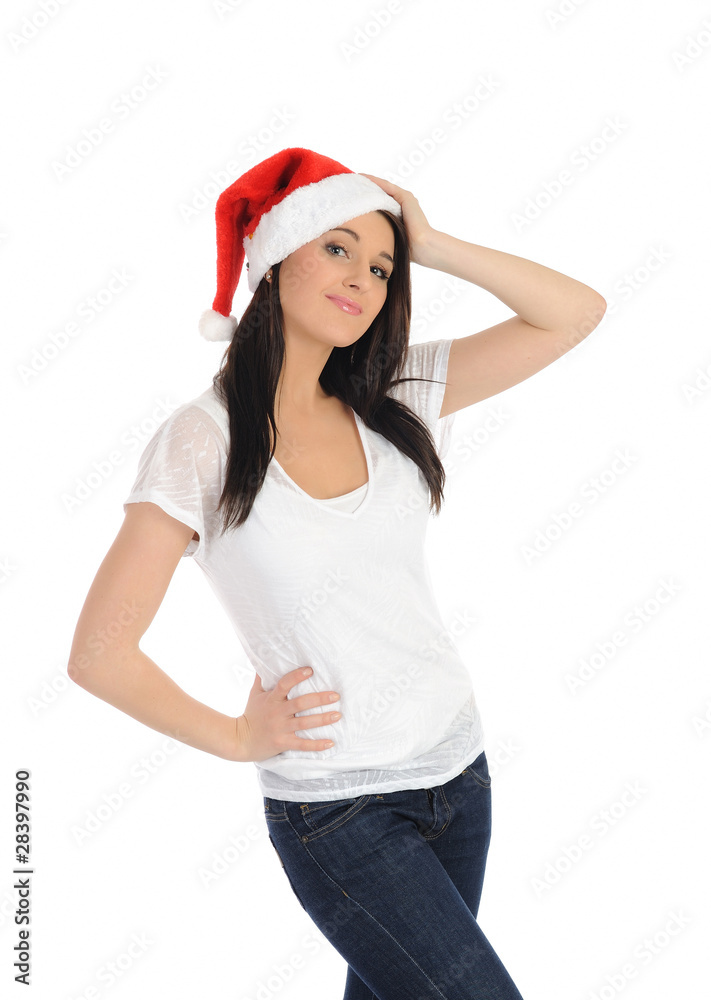 Funny pretty casual santa claus woman with red christmas hat. is Funny pretty casual santa claus woman with red christmas hat. is