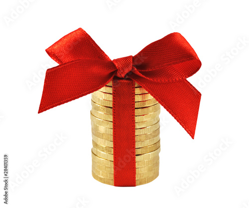 Coins with red bow isolated on white background