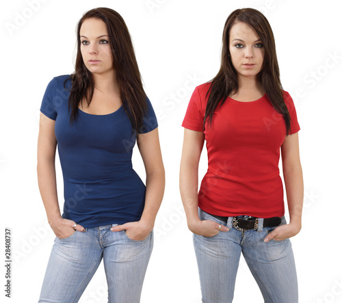 Female with blank red and blue shirts