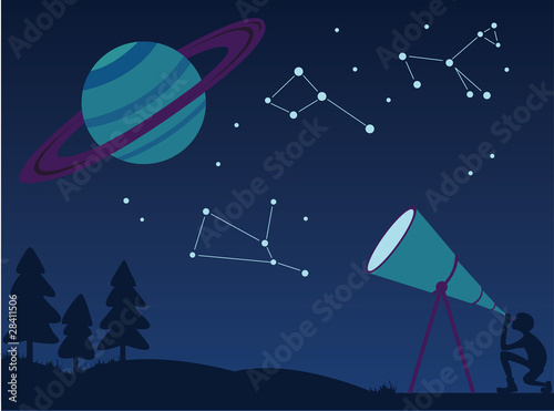 Person looking through telescope at night sky with stars