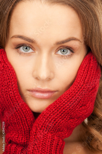 beautiful woman in red mittens