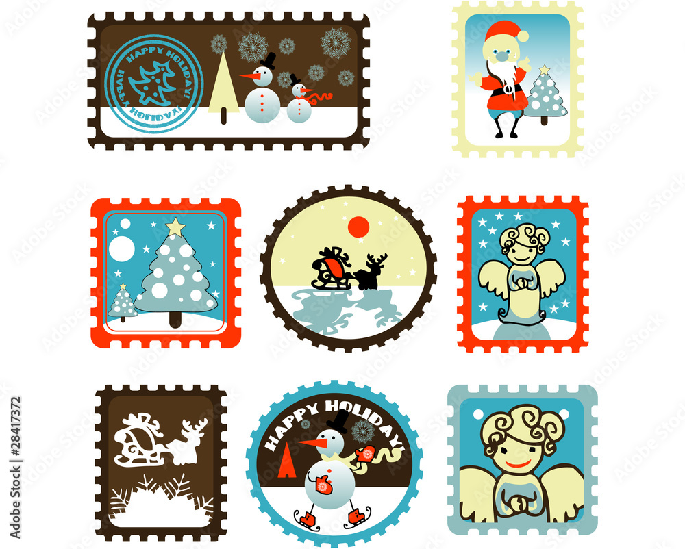 Large Set of colorful Christmas Postage stamps.Vector illustrati