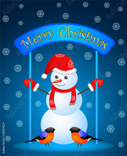 christmas snowman and two bullfinches