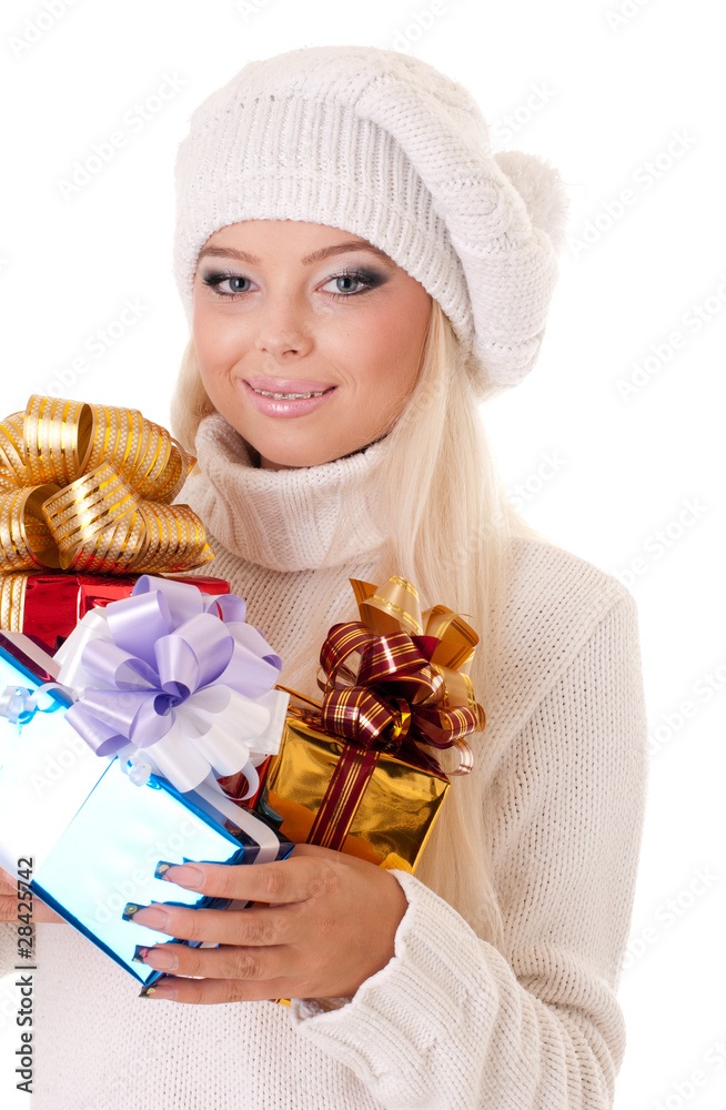 Girl holding a presents on white background Girl holding a presents on white background