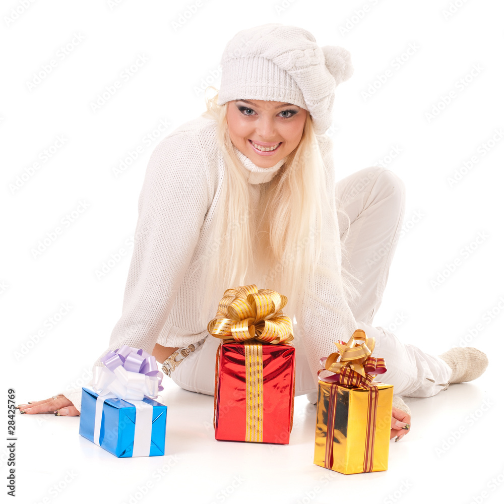Girl holding a presents on white background Girl holding a presents on white background
