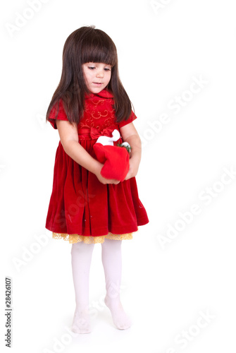 sweet smiling girl with gift, isolated on white
