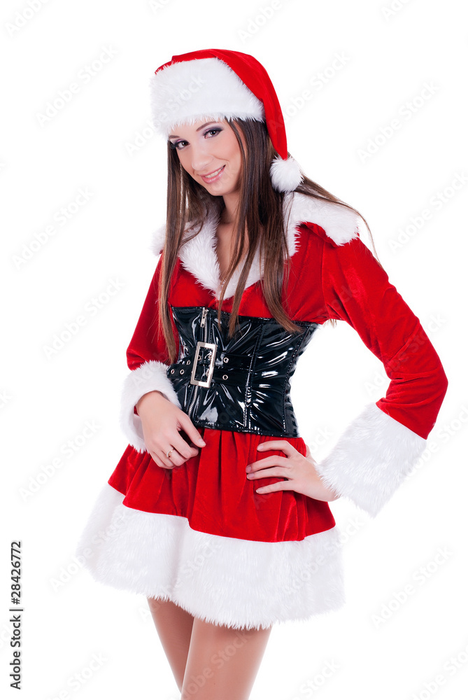 beauty girl in santa hat over white background.. beauty girl in santa hat over white background..