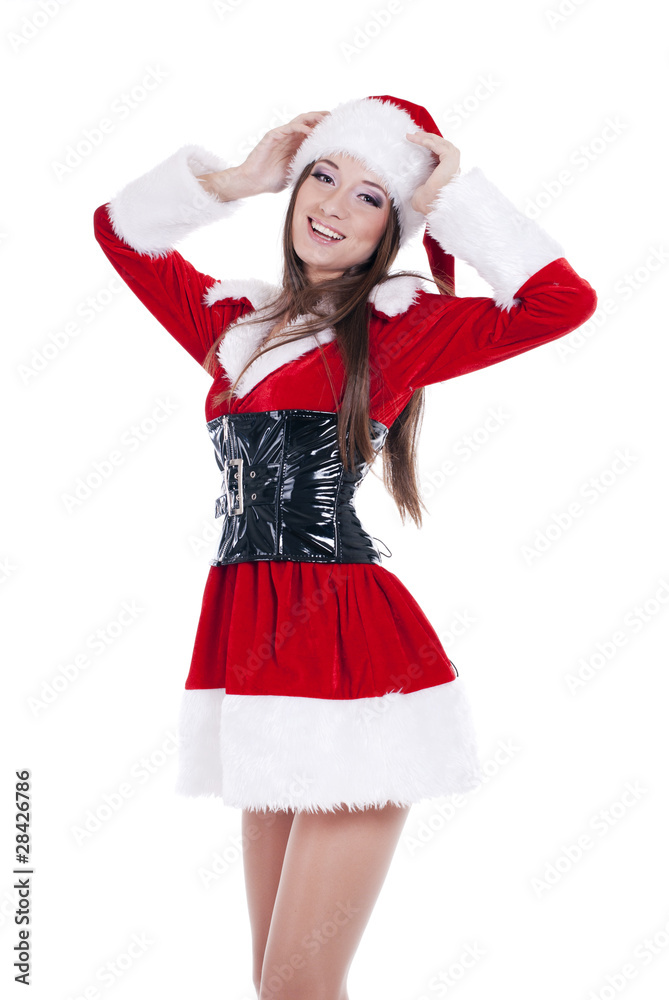 beauty girl in santa hat over white background.. beauty girl in santa hat over white background..
