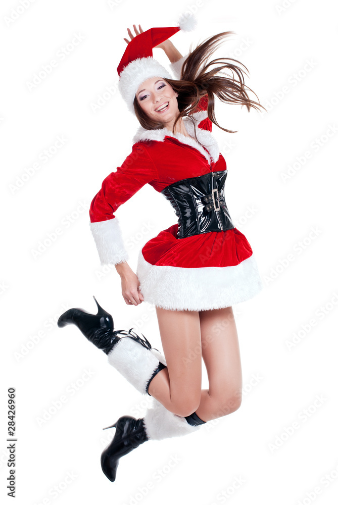 beauty girl in santa hat over white background..