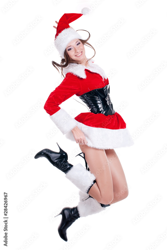 beauty girl in santa hat over white background..