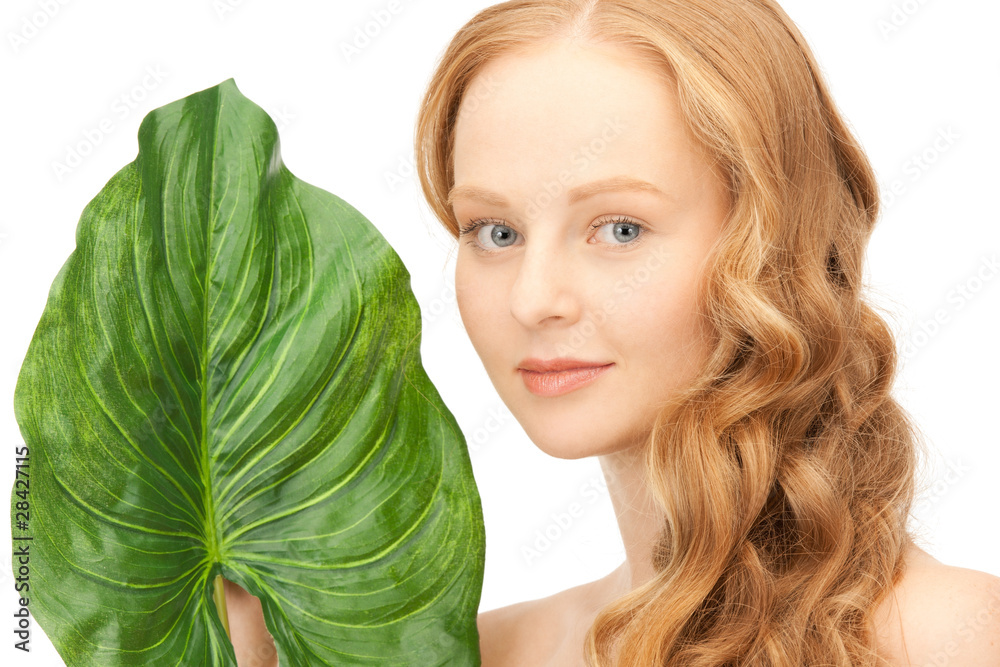 woman with green leaf woman with green leaf