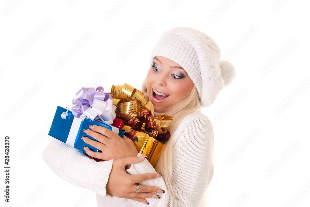 Girl holding a presents on white background Girl holding a presents on white background