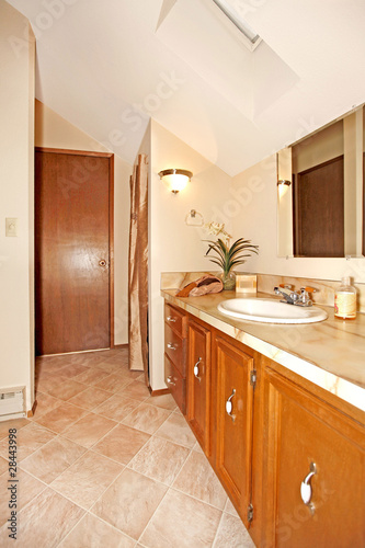Bathroom with wood cabinets and door