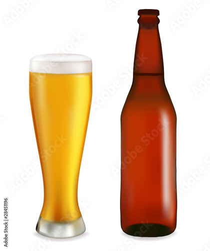 Bottle and glass with beer on white background. Vector.