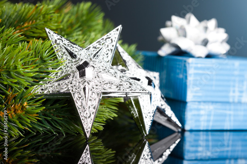 branch of Christmas tree with gift box and star