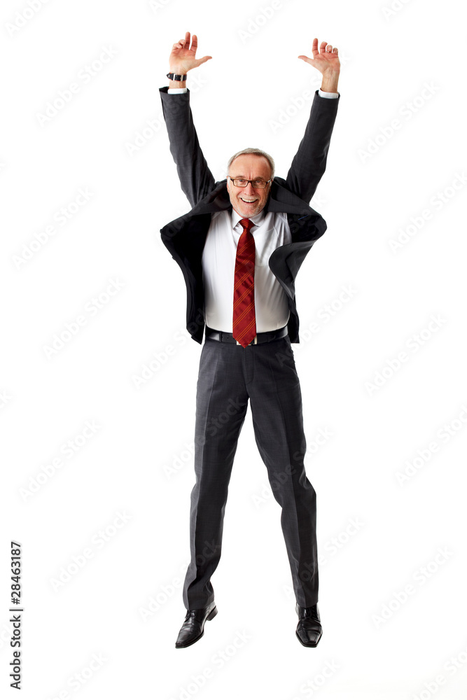 mature business man jumping on isolated white backround
