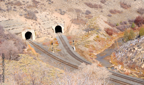 Dual Railroad Tunnels in Desert Canyon photo