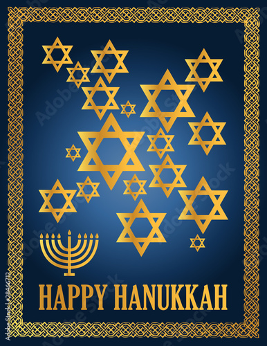 Detail illustration of a blue and gold happy hanukkah card.
