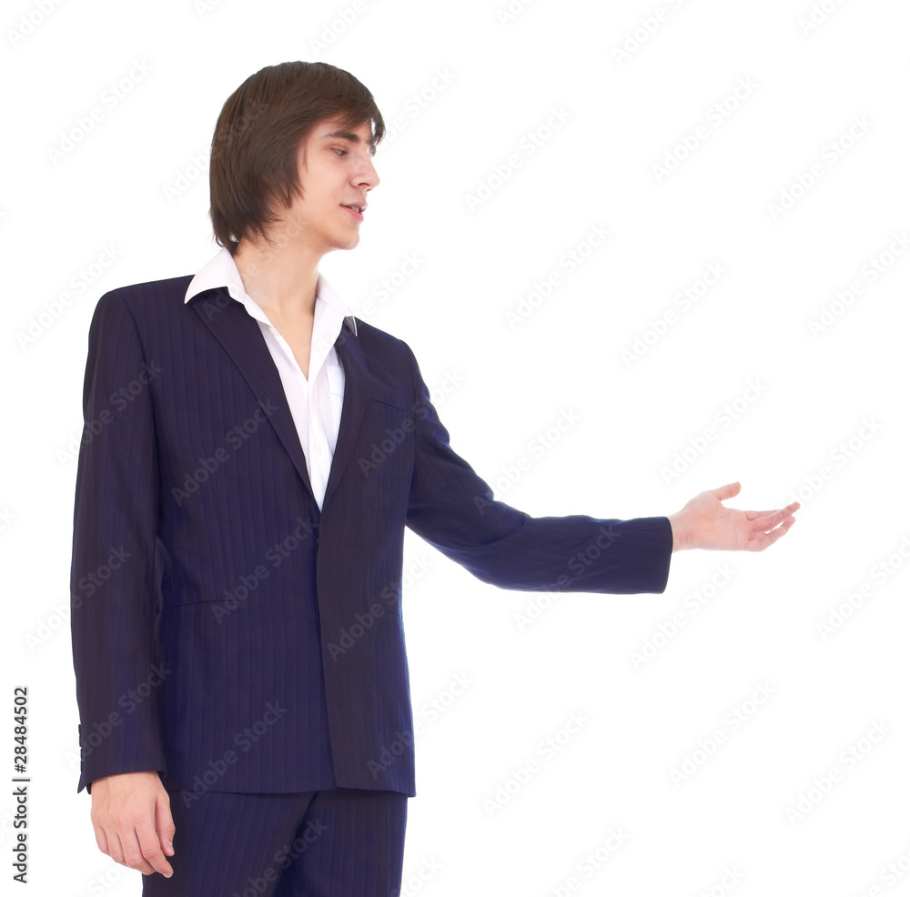 Young businessman showing, isolated on white Young businessman showing, isolated on white